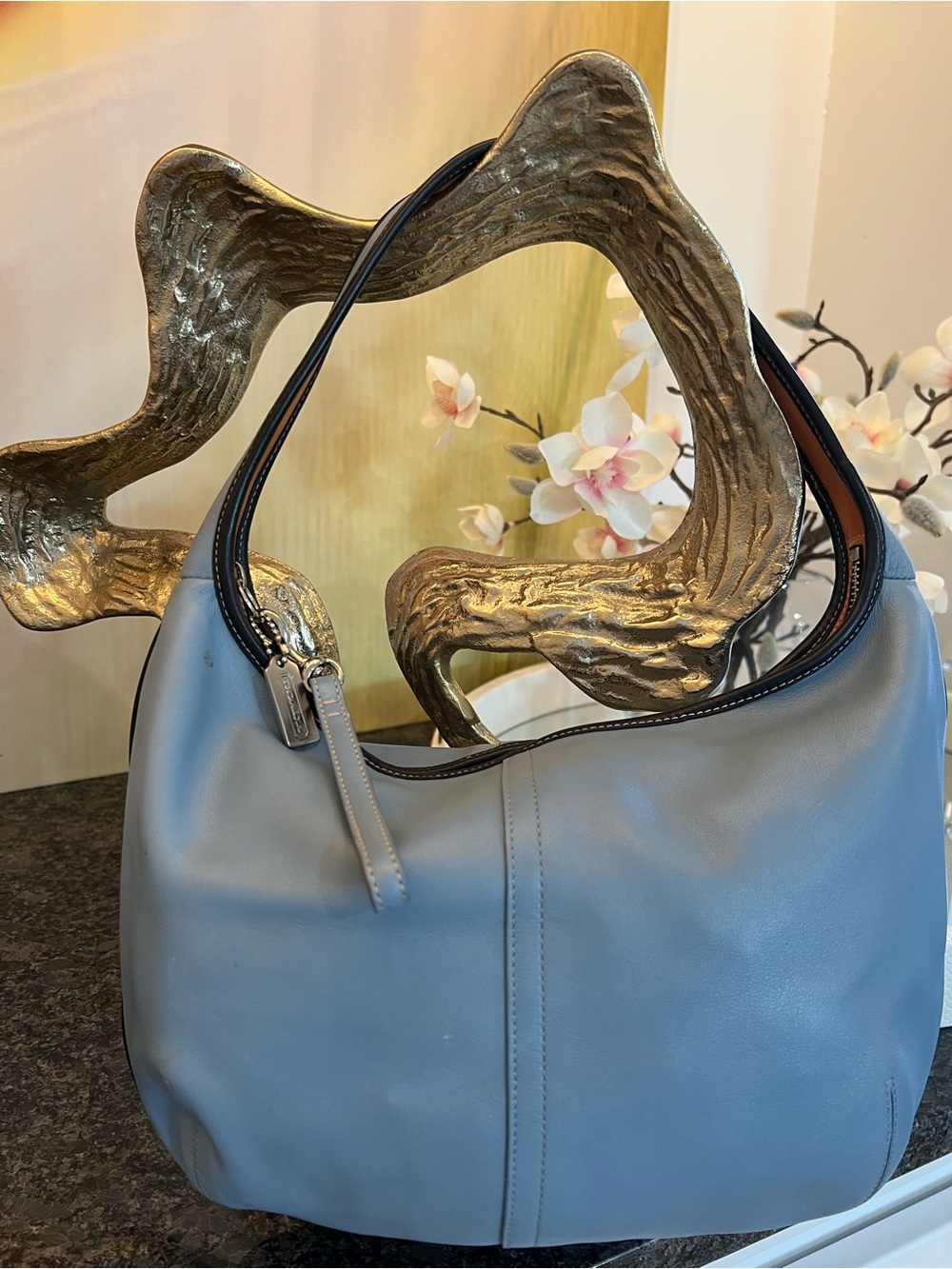 Coach Light Blue Leather Hobo Shoulder Bag with Black Trim - Picture 2 of 6